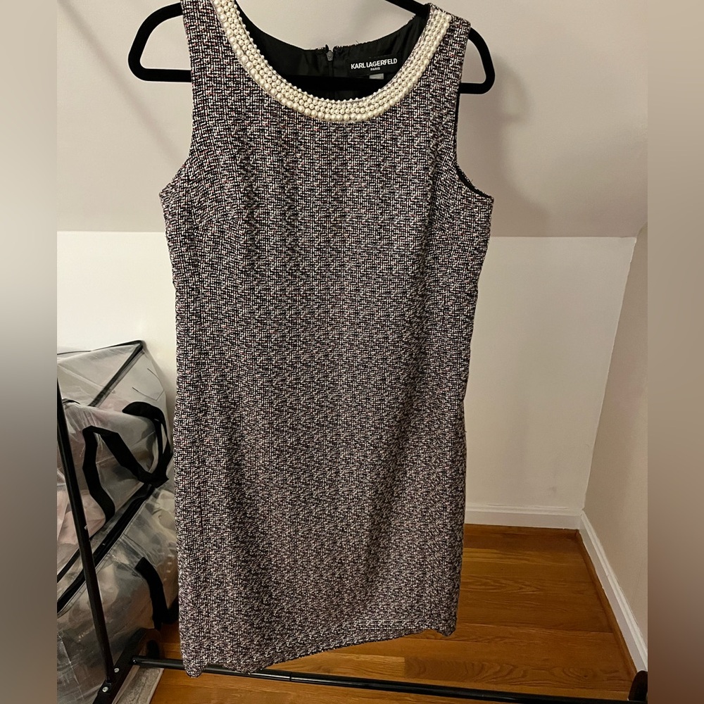 Karl Lagerfeld Black, Pink and White Tweed Pearl Midi Dress - size 12